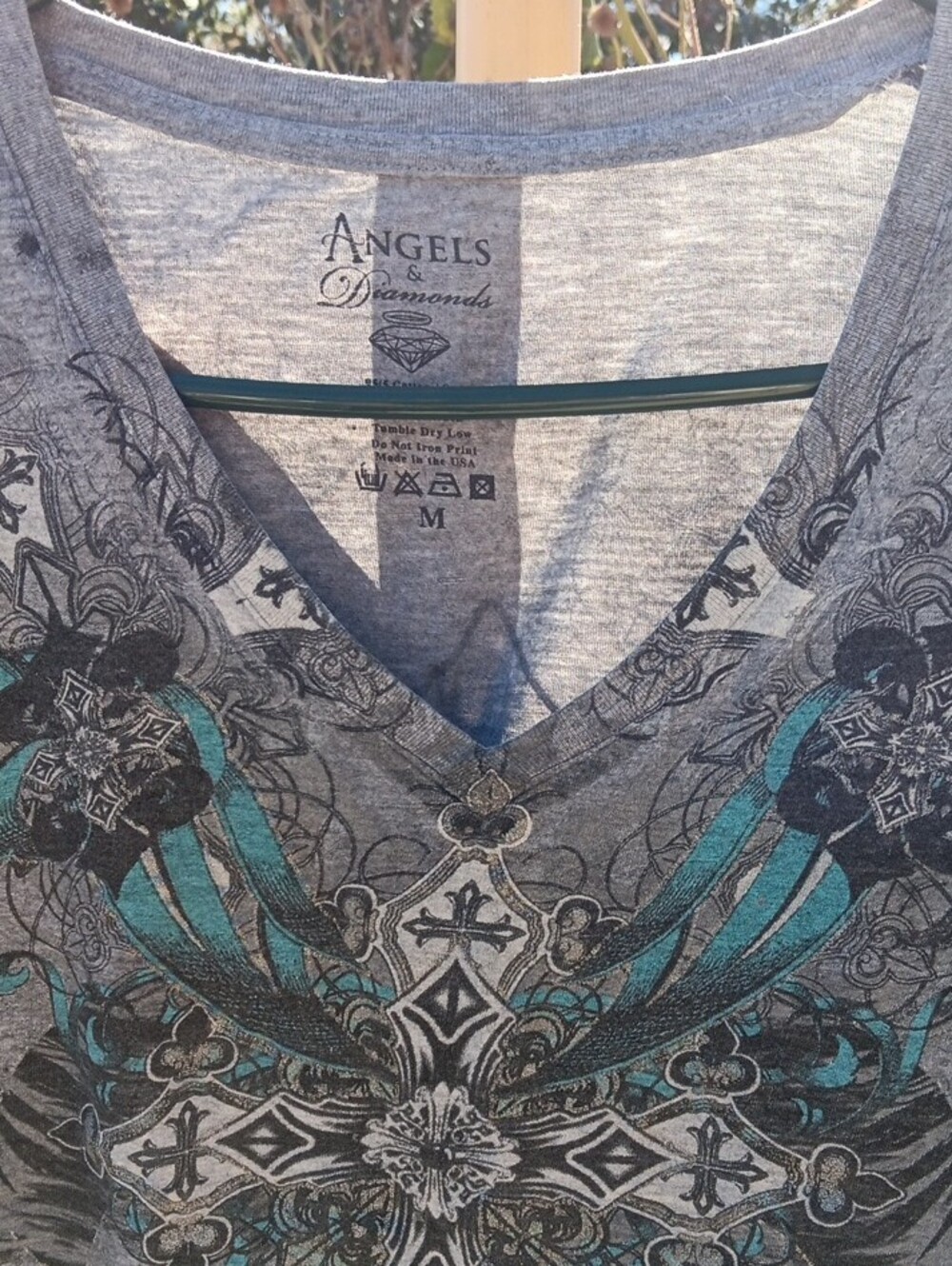 Angels Heather Gray V-Neck Tee with Teal and Black Cross Graphic - Picture 2 of 4